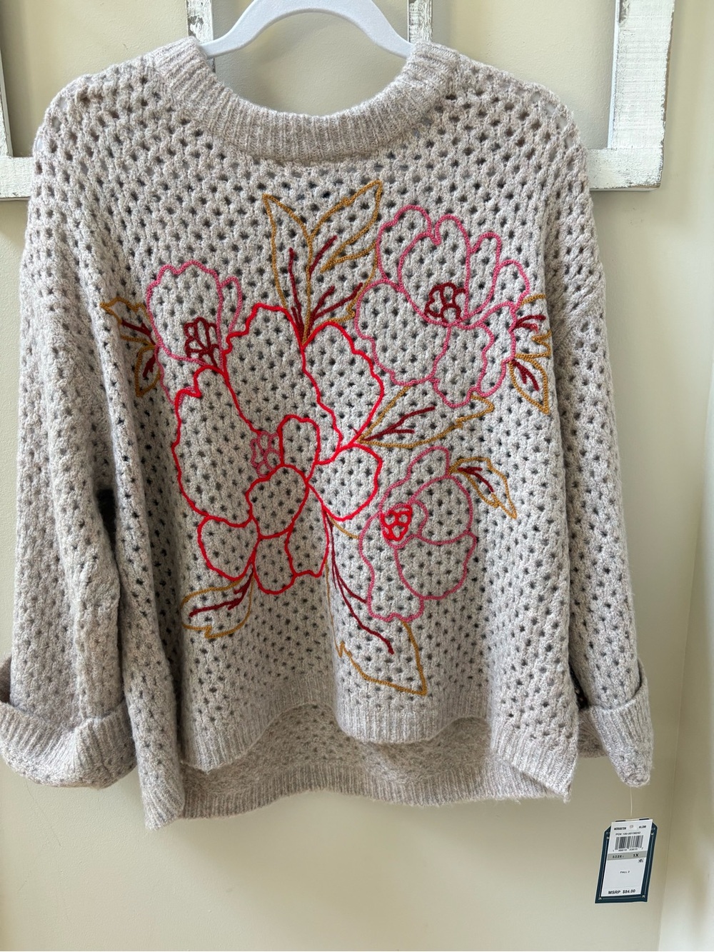 Democracy Cream Open-Knit Sweater with Pink & Gold Floral Embroidery